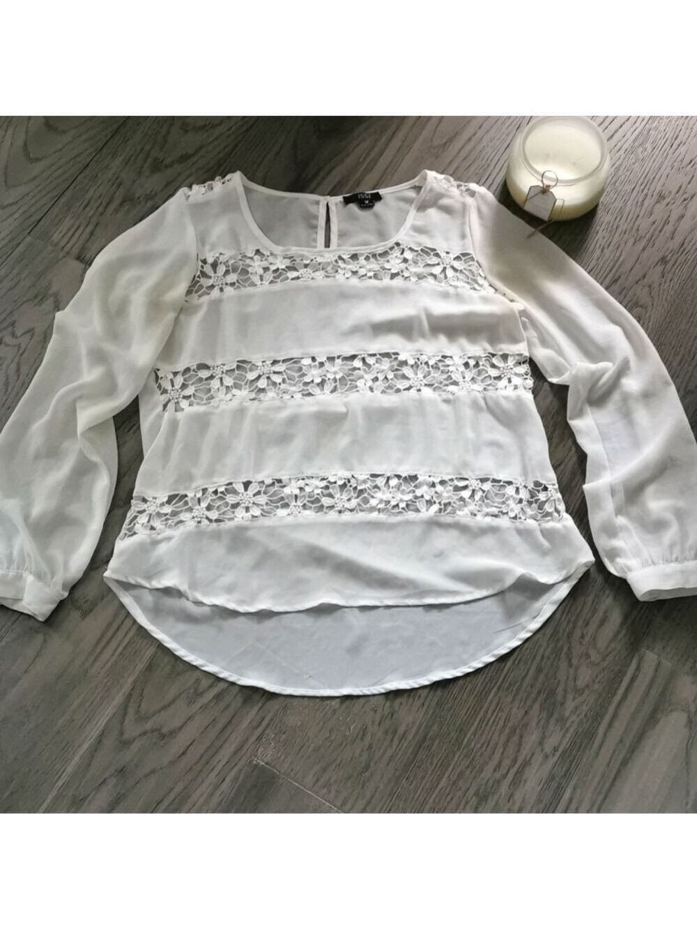 ISSI sheer and crochet lace long sleeve blouse. White, size Medium